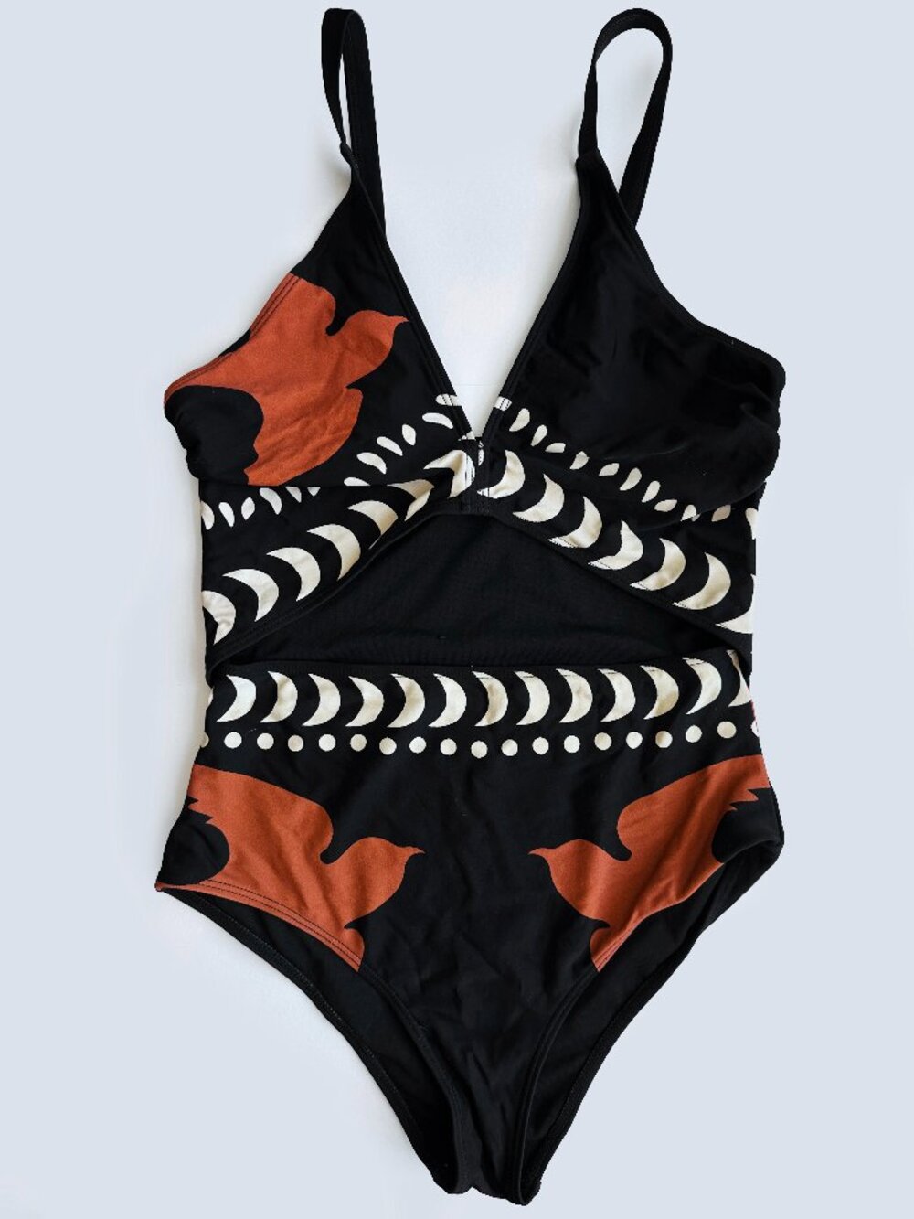 Commense Black One Piece Swimsuit Bird Moon Print Size M